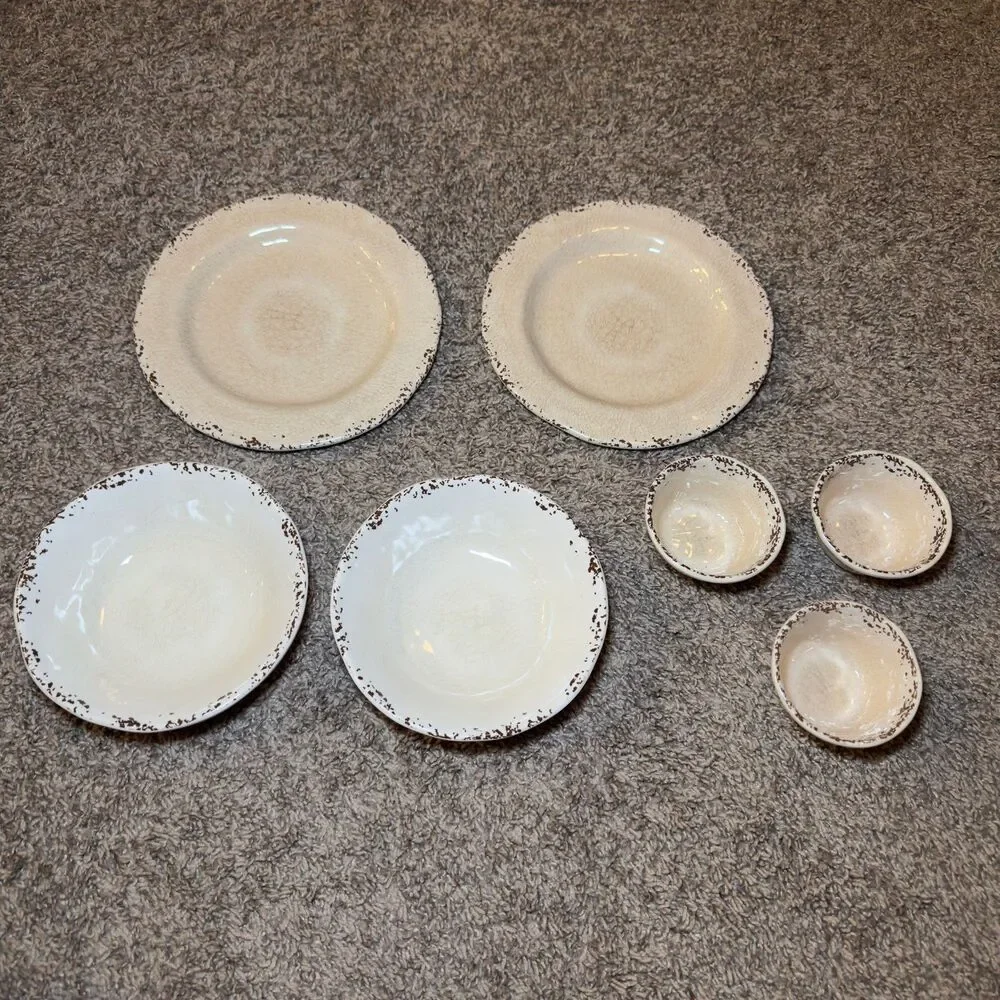 Pier 1 Imports Carmelo Melamine Crackle Bowls Plates Snack Dish LOT of 7 Ivory